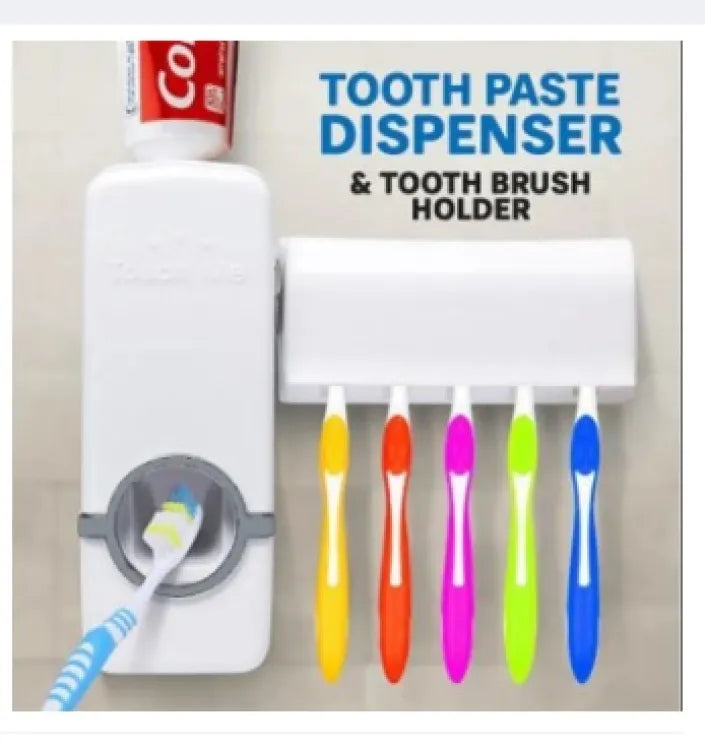 Toothpaste Dispenser With 5 Brush Holder Wall Mounted Automatic Hands Free Toothpaste Dispenser