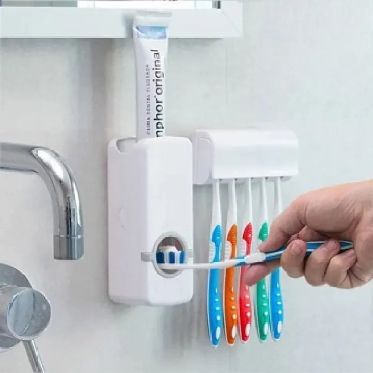 Toothpaste Dispenser With 5 Brush Holder Wall Mounted Automatic Hands Free Toothpaste Dispenser